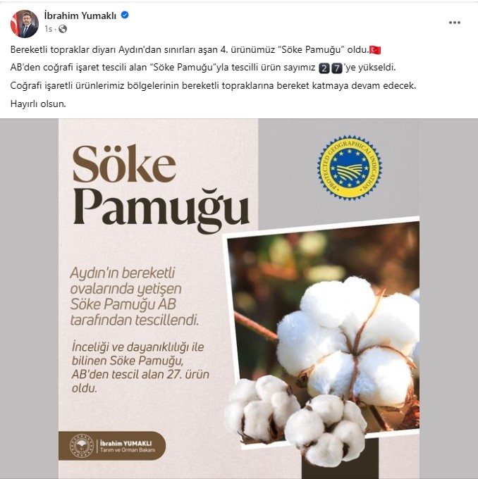 Bakan Yumaklı'dan Söke Pamuğu Paylaşımı